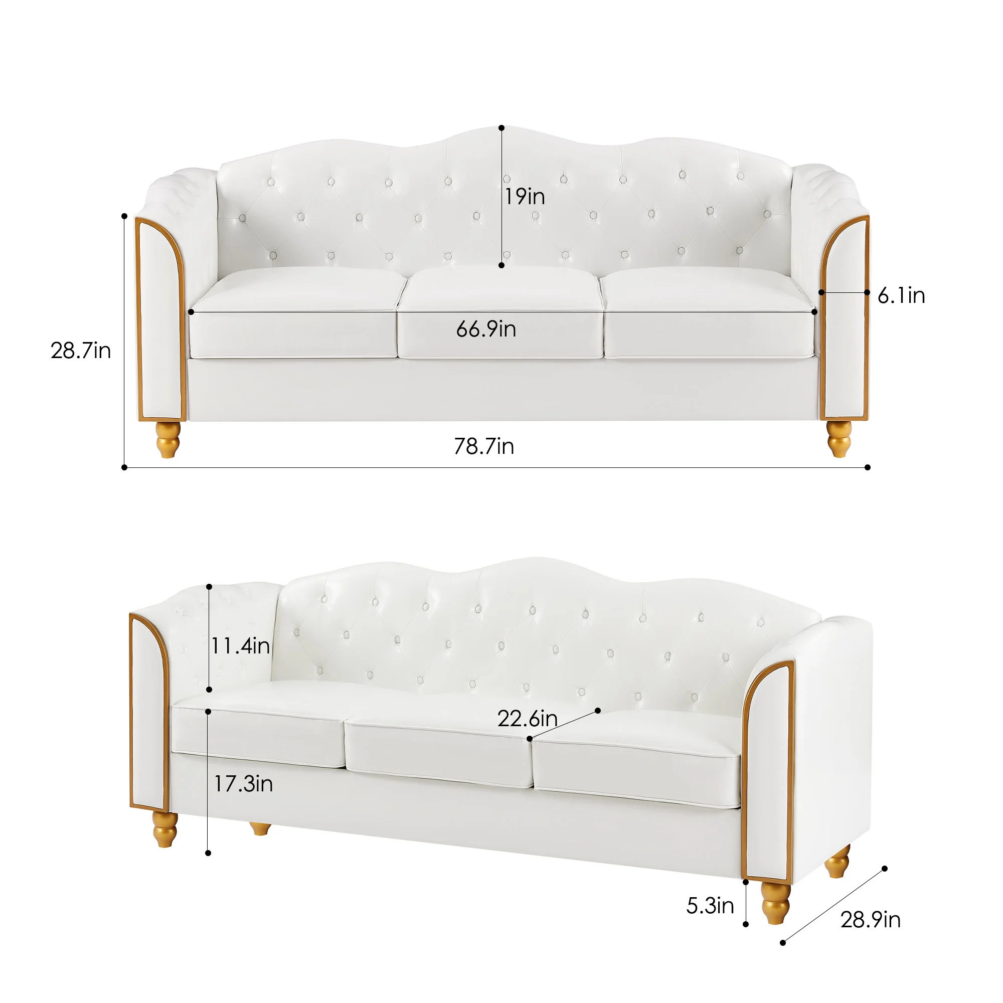 Homfa 3 Seater Sofa, 78.7'' Modern Large PU Button Upholstered Couch with Golden Wood Legs, White