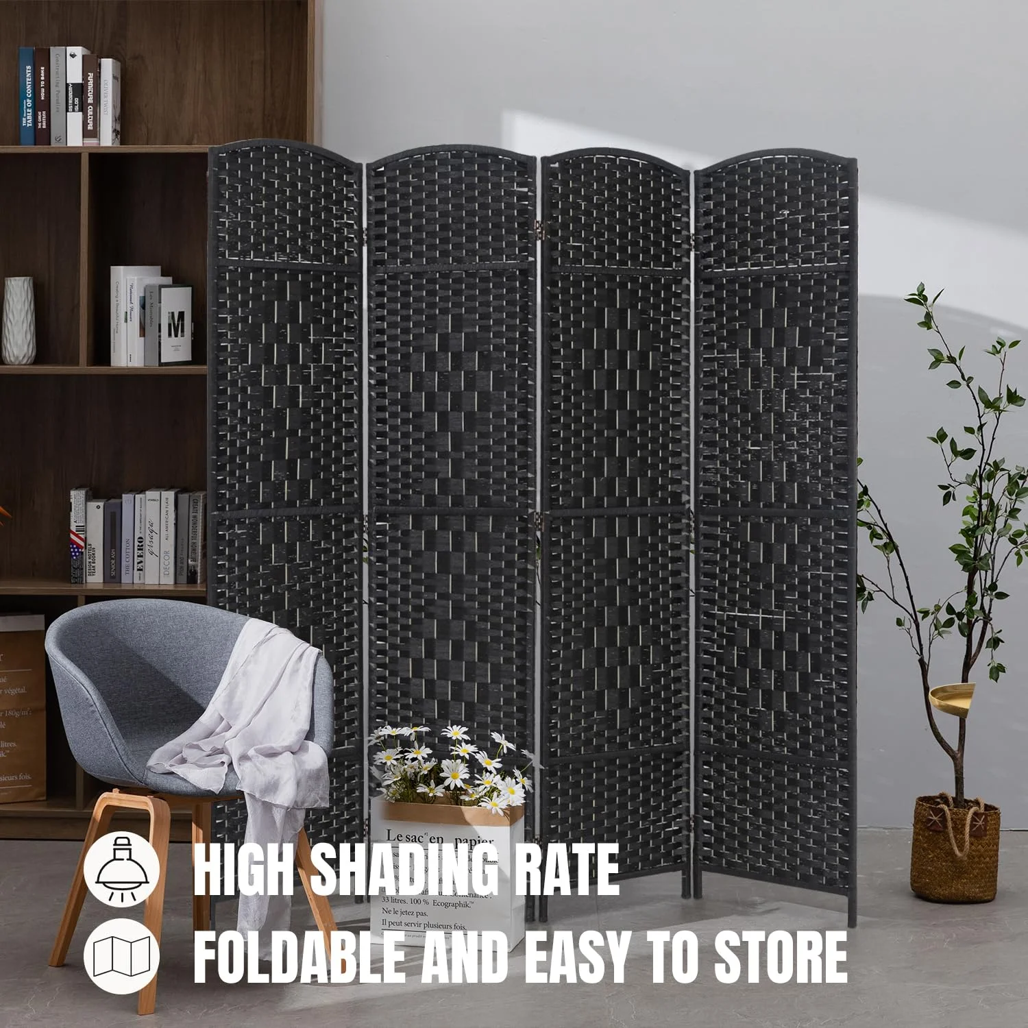 NiamVelo 4 Panel Room Dividers Folding Privacy Divider 6Ft Indoor Wall Divider Portable Partition Wood Screen, Black