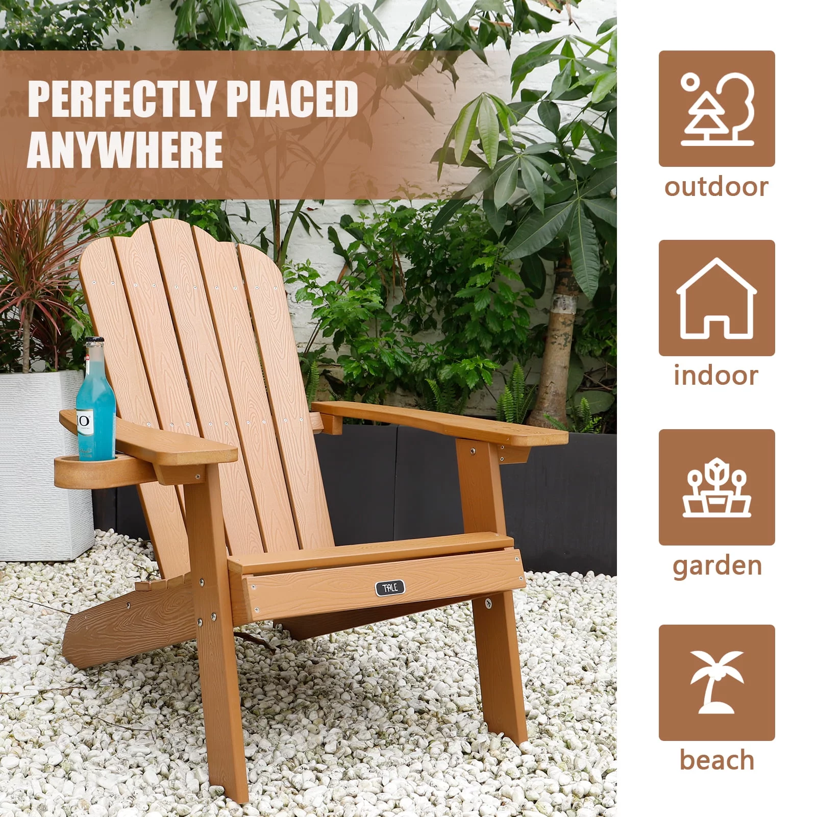 Anself TALE Adirondack Chair Backyard Furniture Painted Seating with Cup Holder All-Weather and Fade-Resistant Wood for Lawn Patio Deck Garden Porch Lawn Furniture Chairs Brown