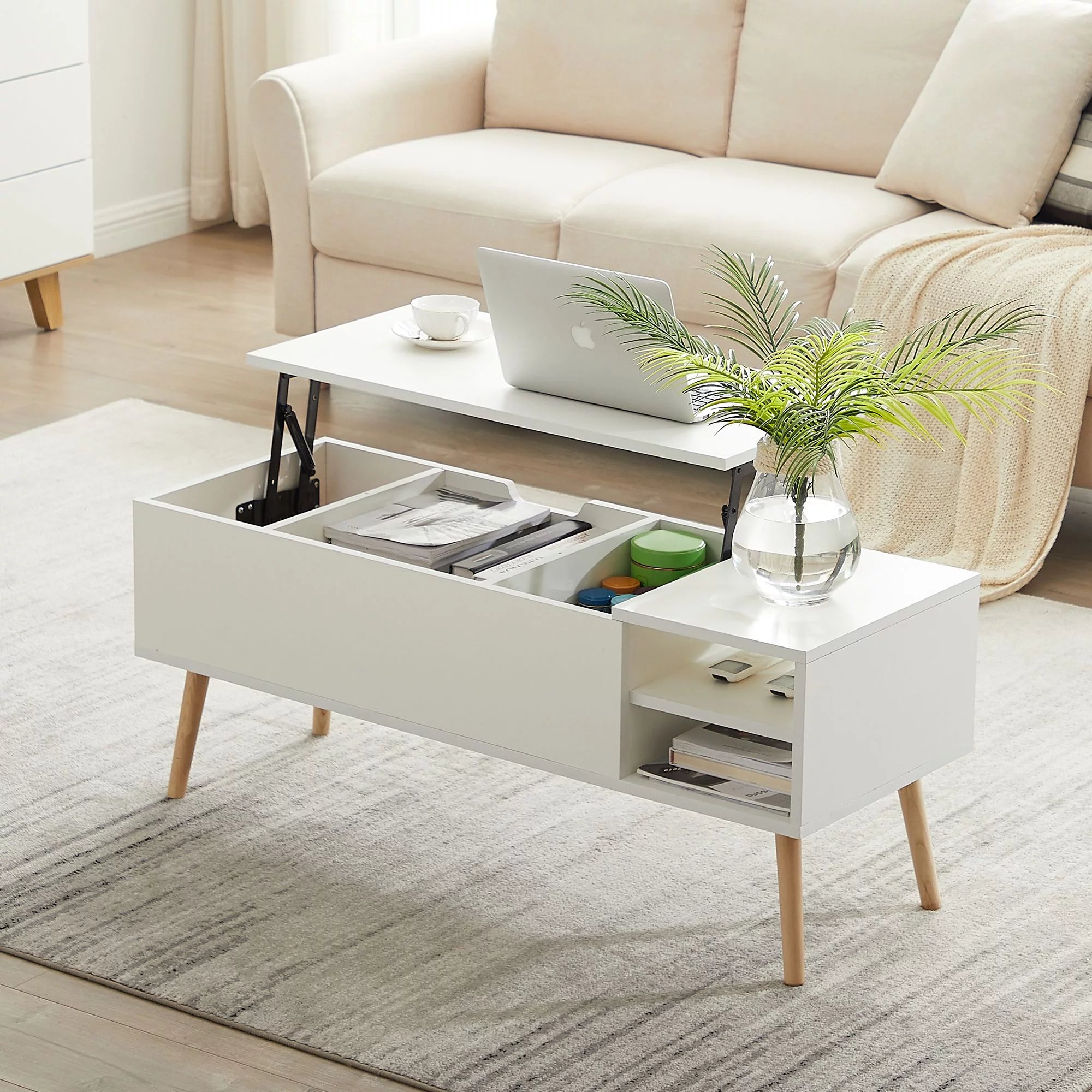 Momspeace Modern Coffee Table with Lifting Tabletop and Hidden Storage Compartments, Stylish Coffee Table with Solid Wood Legs for Living Room - Matte White