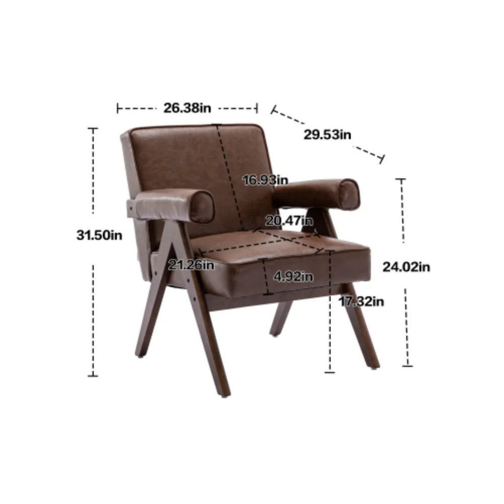 Leisure Chair with Solid Wood Armrest and Feet, Mid-Century Modern Accent chair, for Living Room Bedroom Studio chair Brown PU + PU Leather
