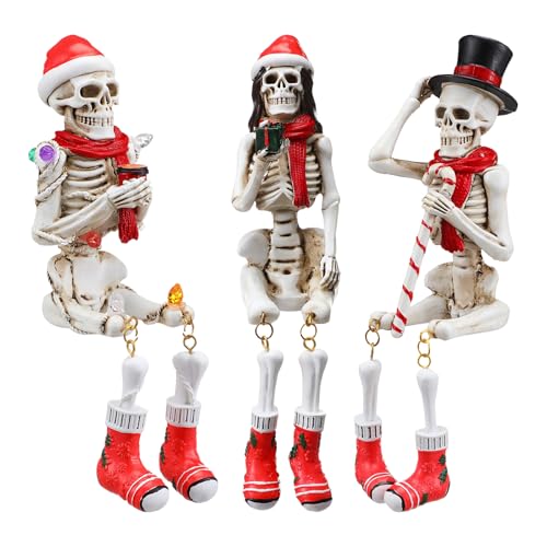Soulchen 3 Pcs Christmas Halloween Skeleton Decorations Funny Skeleton Figurines with Christmas Hat and Scarf 7.5