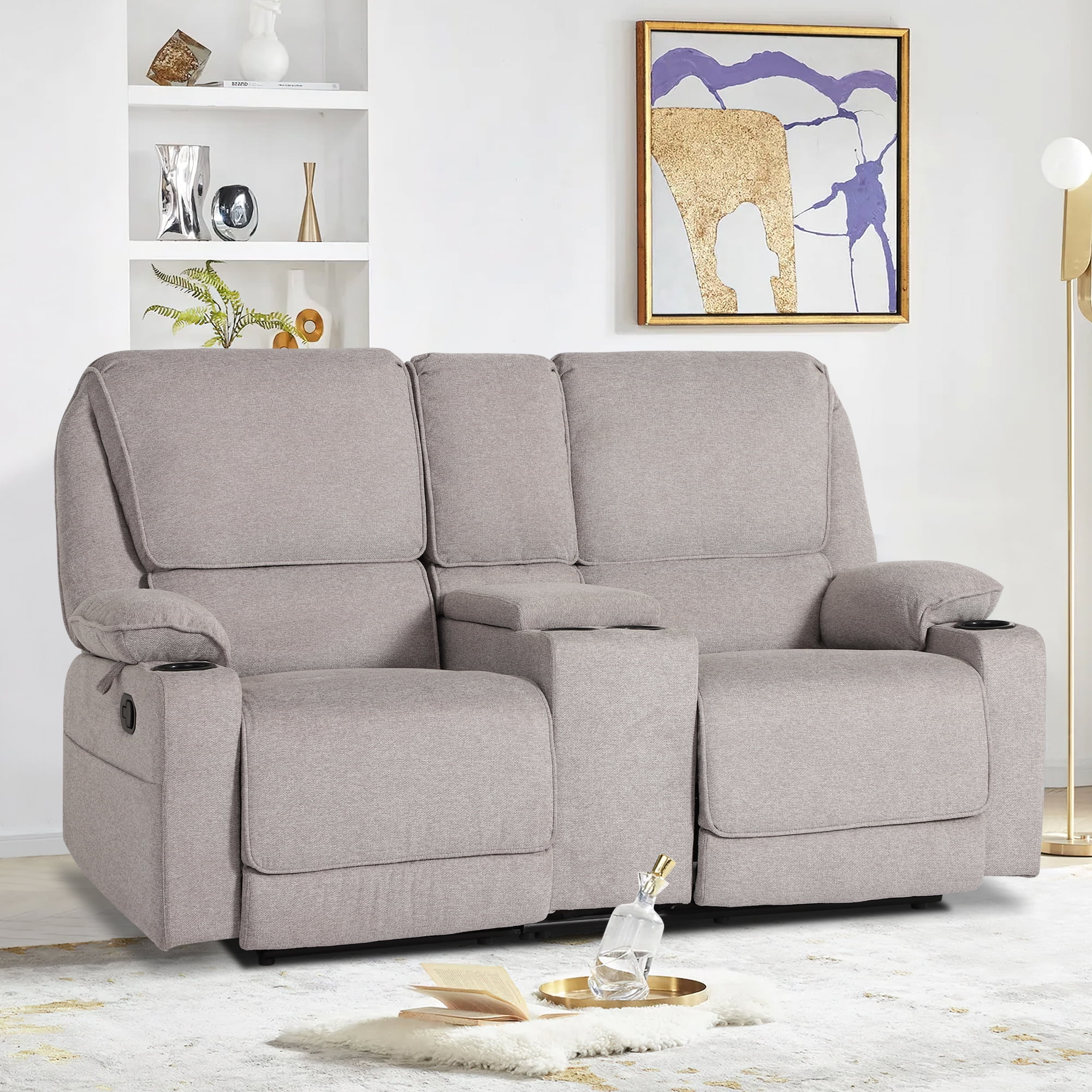 Reclining Sofa, 2 seater Manual Recliner Sofa with Cup Holders,  Central Console Manual Reclining Loveseat for Living Room ,Home Theather Light Gray