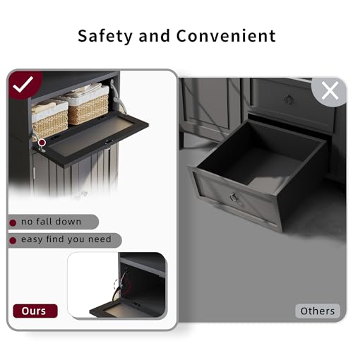 ChooChoo Bathroom Floor Storage Cabinet with Flip Glass Drawer, Freestanding with 2 Doors, Adjustable Shelf & 1 Open Storage for Living Room, Hallway, Navy Blue