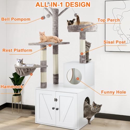 Cat Tree Tower with Litter Box Enclosure, 2-in-1 Wooden Cat Condo with Sisal Scratching Post, Hammock, Brown
