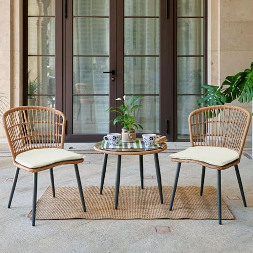 3 Piece Outdoor Wicker Furniture Patio Bistro Set, Balcony Furniture Rattan Conversation Sets, Outdoor Patio Chairs Set for Porch Poolside Garden, Beige