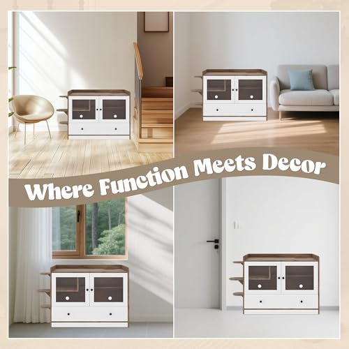 47.25 Inch Multi-Functional Hidden Cat Litter Box Enclosure with Smart Door & LED Light, Modern Cat House with Scratching Post & Stairs, Can be Used as Side Table/TV Stand - White