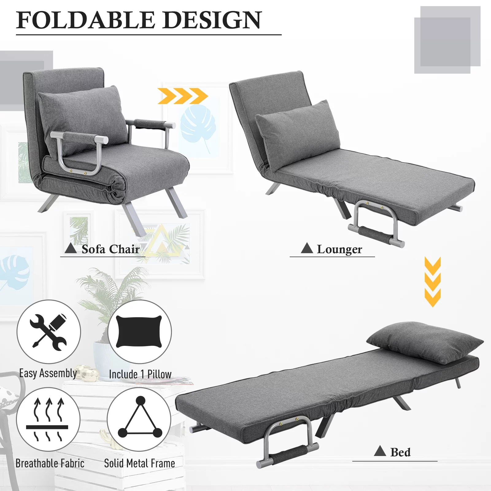 HOMCOM Single Person Folding 5 Position Convertible Sofa Bed Linen Sleeper Chair, Light Grey