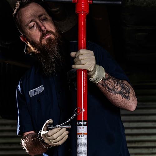 Sunex 6809A, Underhoist Support Stand, ¾ Ton Capacity, 12 Inch Diameter Base, Contoured Saddle, Bearing Mounted Spin Handle, Self-Locking ACME Threaded Screw, Supports Vehicle Components