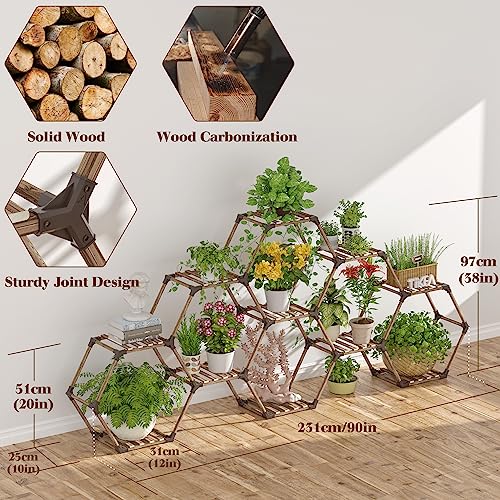 Tikea Plant Stand Indoor Hexagonal Plant Stand for Multiple Plants Indoor Outdoor Large Wooden Plant Shelf Creative DIY 6 Tiered Flowers Stand Rack for Living Room Balcony Patio Window