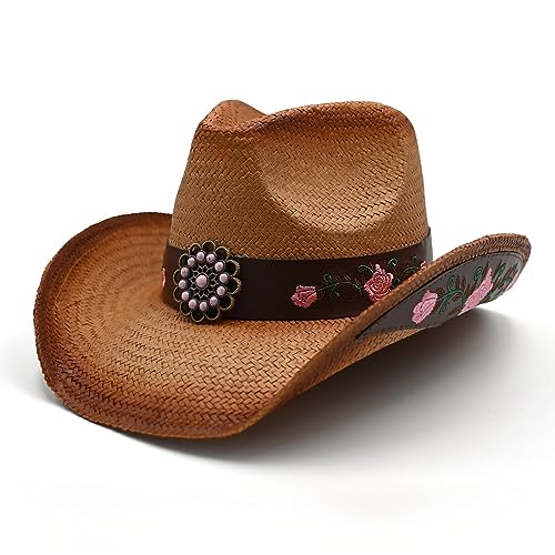 Men's Women's Straw Cowboy Hat Cowgirl Woven Sun Hat Western Cowboy Hat Two Decorative Bands