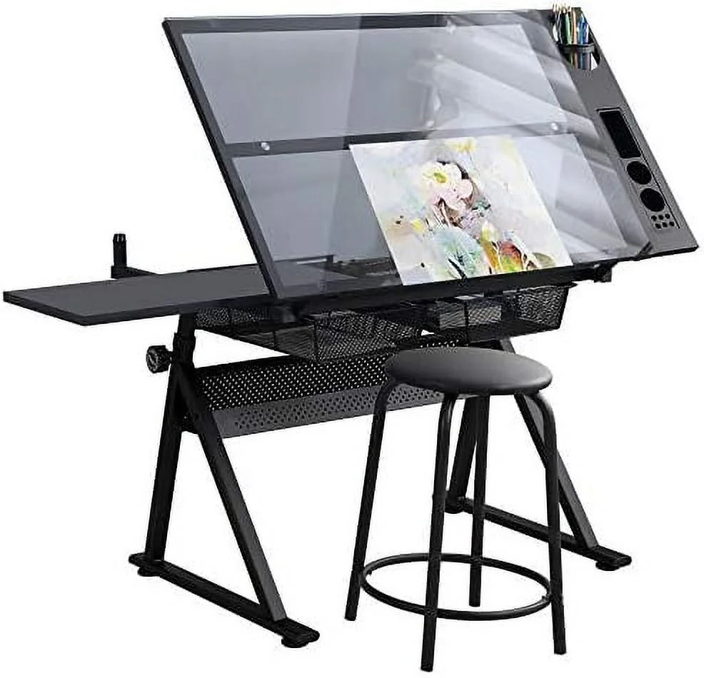 KBANZIBIU Height Adjustable Drafting Tables  Glass Drawing Art Table  Tilting Tabletop Paintings Work Station  Table Chair Chair-2  Drawer for Reading Writing Art Craft Work Station (Blac