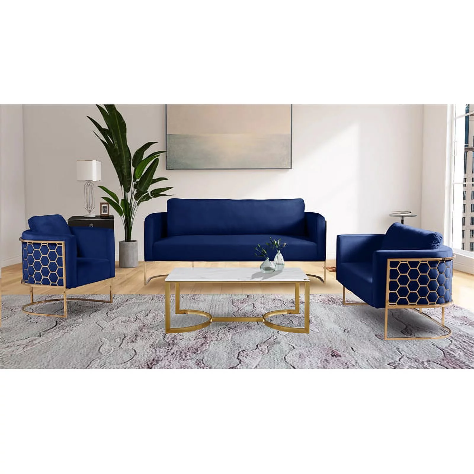 Meridian Furniture Casa Navy Velvet Sofa with Gold Iron Metal Base