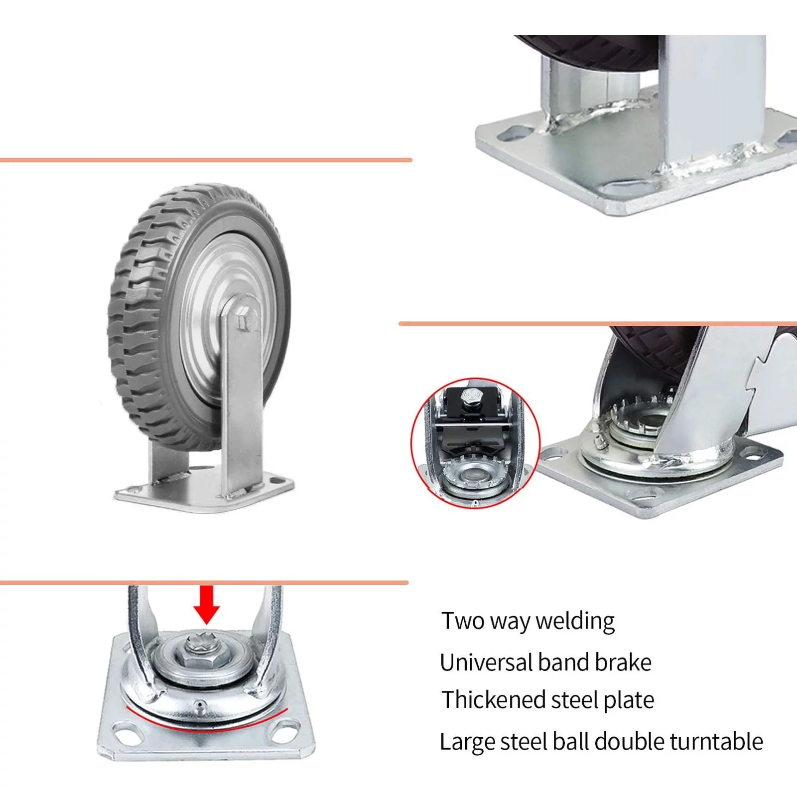 tonchean 4 Pack 8'' Caster Wheels, Heavy Duty Anti-Skid Rubber Swivel Casters with 360° Rotation Ball Bearing Silent Top Plate, Grey