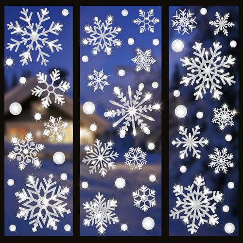 8 Sheets Extra Large Glitter Snowflake Window Clings Christmas White Window Decals Winter Snowflake Windows Stickers Double-Sided Xmas Windows Decorations for Christmas Holiday Party Home Glass Decor