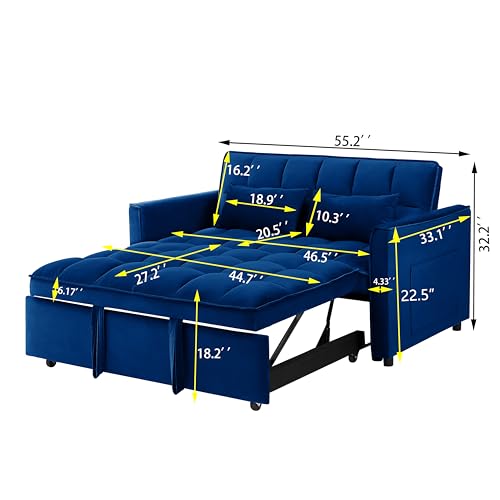 Sofa Bed, Futon Loveseat Sleeper Sofa with Pull Out Bed, Pockets and Pillows, 2 Seater Convertible Small Couch for Living Room Bedroom Apartment (Blue, Velvet)