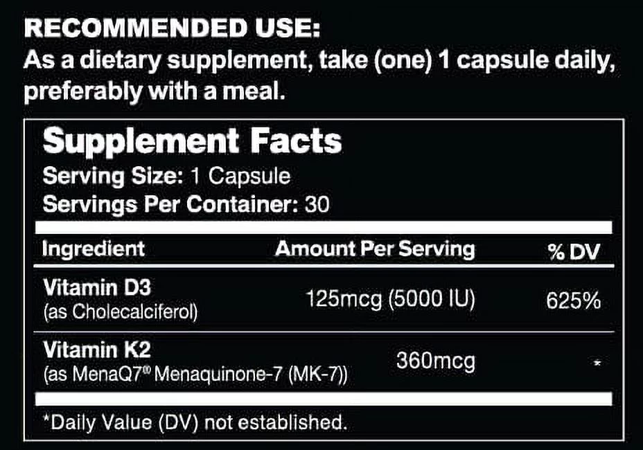 Leviathan Nutrition K2&D3 | Vitamin K2 (MK7) (360mcg) + Vitamin D3 (5000 IU) Vegan All Natural Extra Strength Supplement - Bone and Heart Health for Men and Women