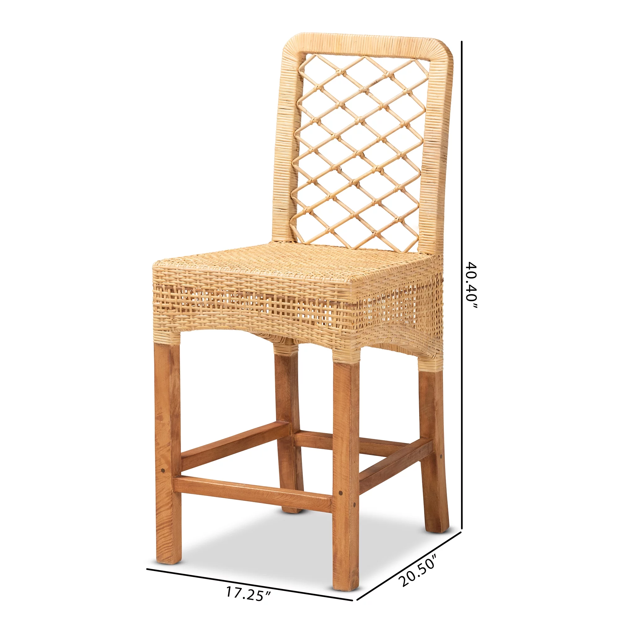 bali & pari Moscow Modern BoHo Natural Rattan and Walnut Brown Finished Wood Counter Stool