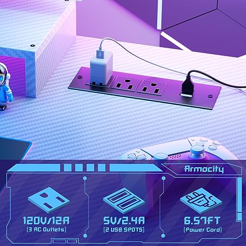 Armocity Gaming Computer Desk with Shelves and Outlets, Gaming Desk with Hutch and LED Lights, Reversible PC Gaming Desks with Pegboard, Carbon Fiber Black 47''