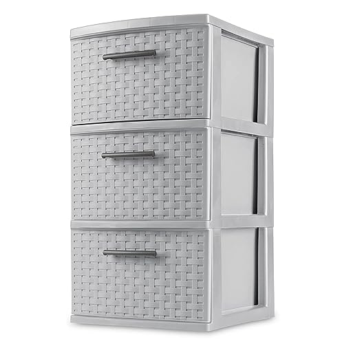 3-Drawer Wide Weave Design Storage Tower, Espresso Frame & Drawers w/Driftwood Handles, Brown, Case of 1 (Gray)