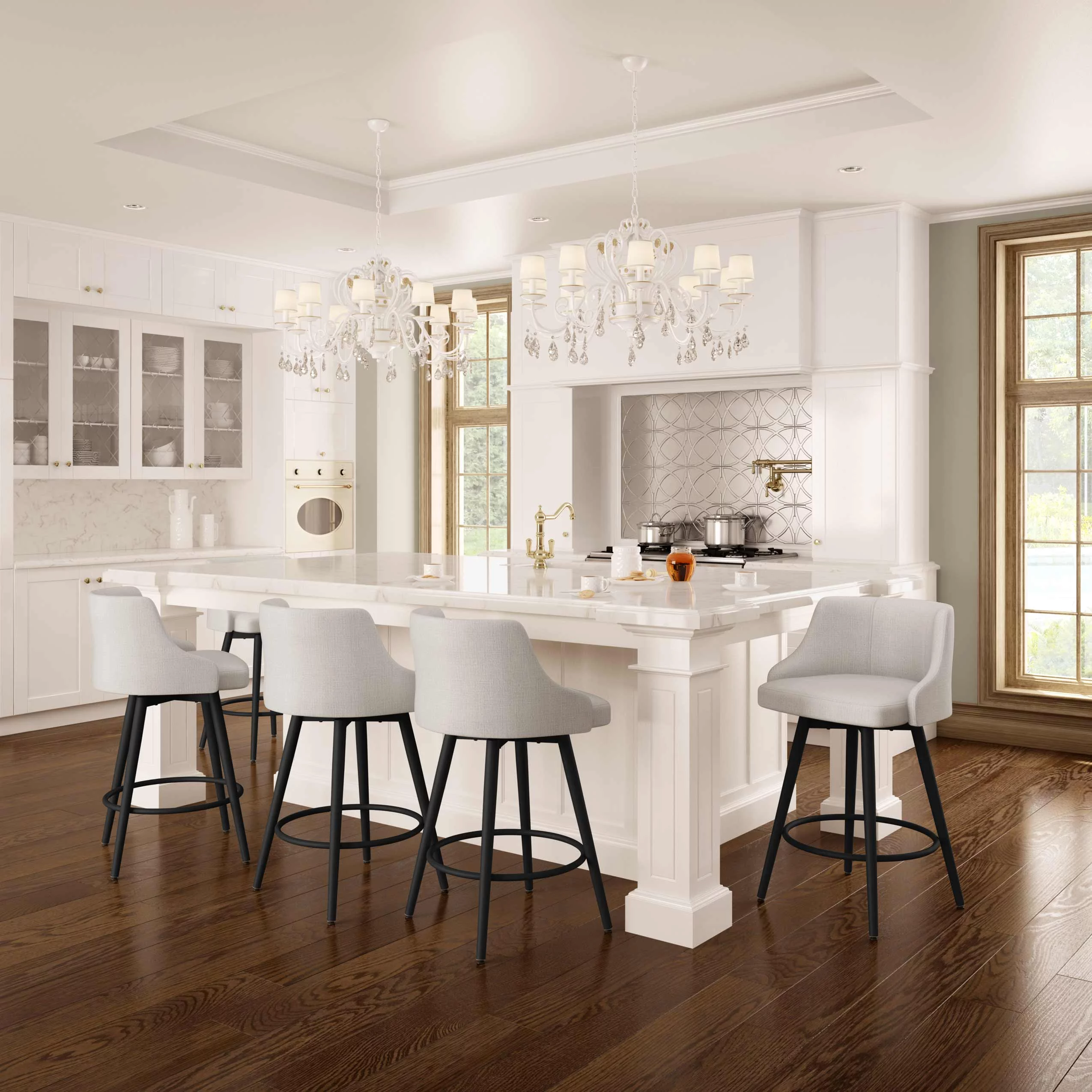 Amisco Duncan 30 In. Swivel Bar Stool - Pale Grey Beige Polyester / Black Metal