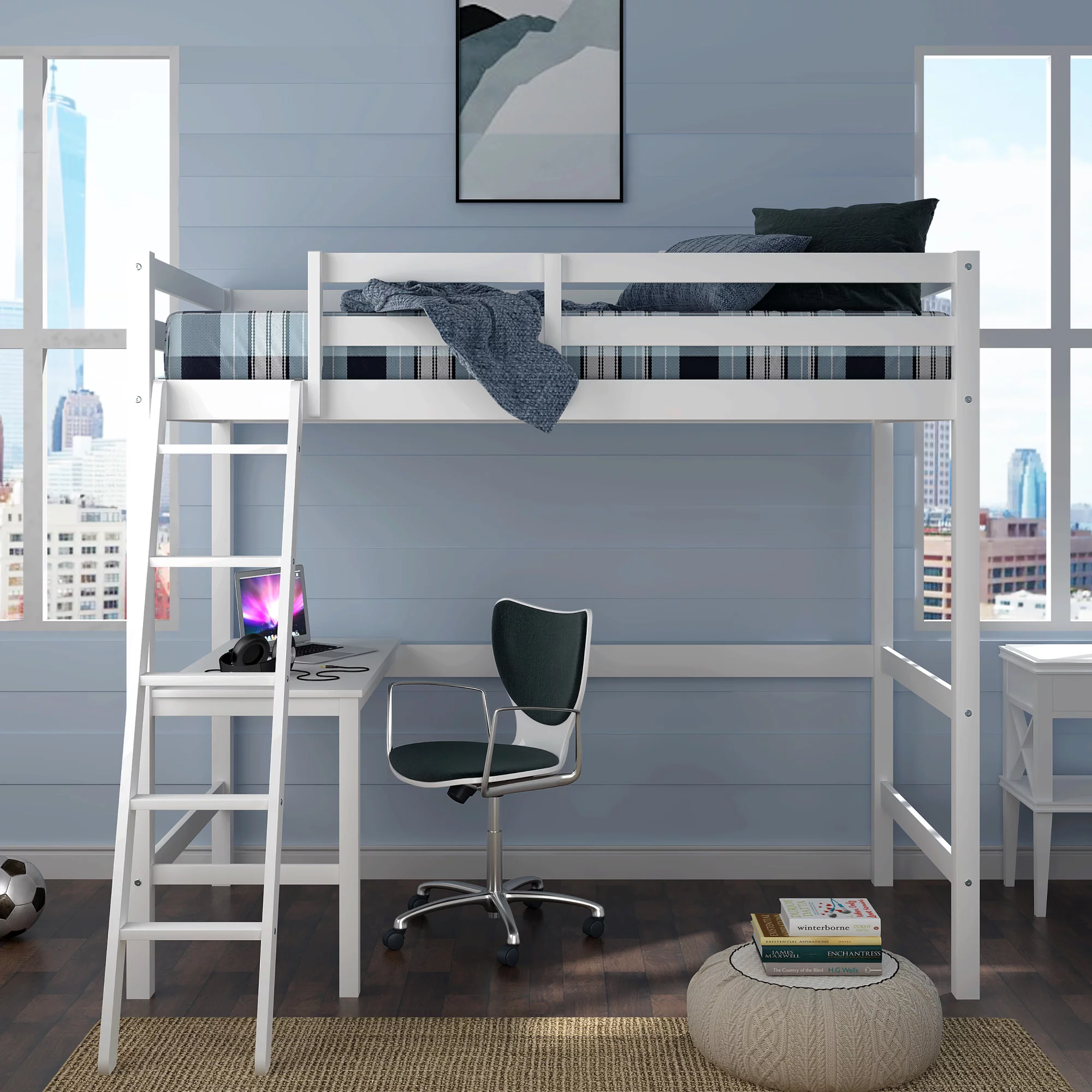 Hillsdale Campbell Wood Twin Loft Bunk Bed with Desk, White