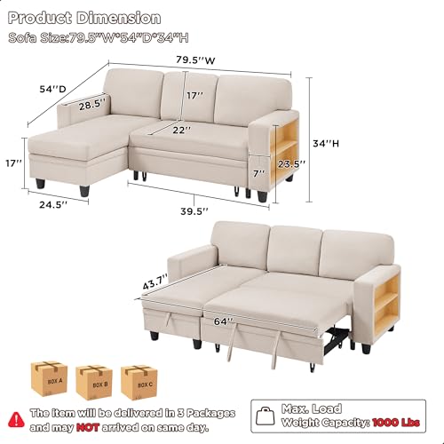 RedLemon 80” Sleeper Sofa Bed,L-Shaped Convertible Sectional Couch with Storage Chaise,2 Built-in Bookshelves and USB Charging Port - Comfy Sofa for Living Room, Apartment, Beige