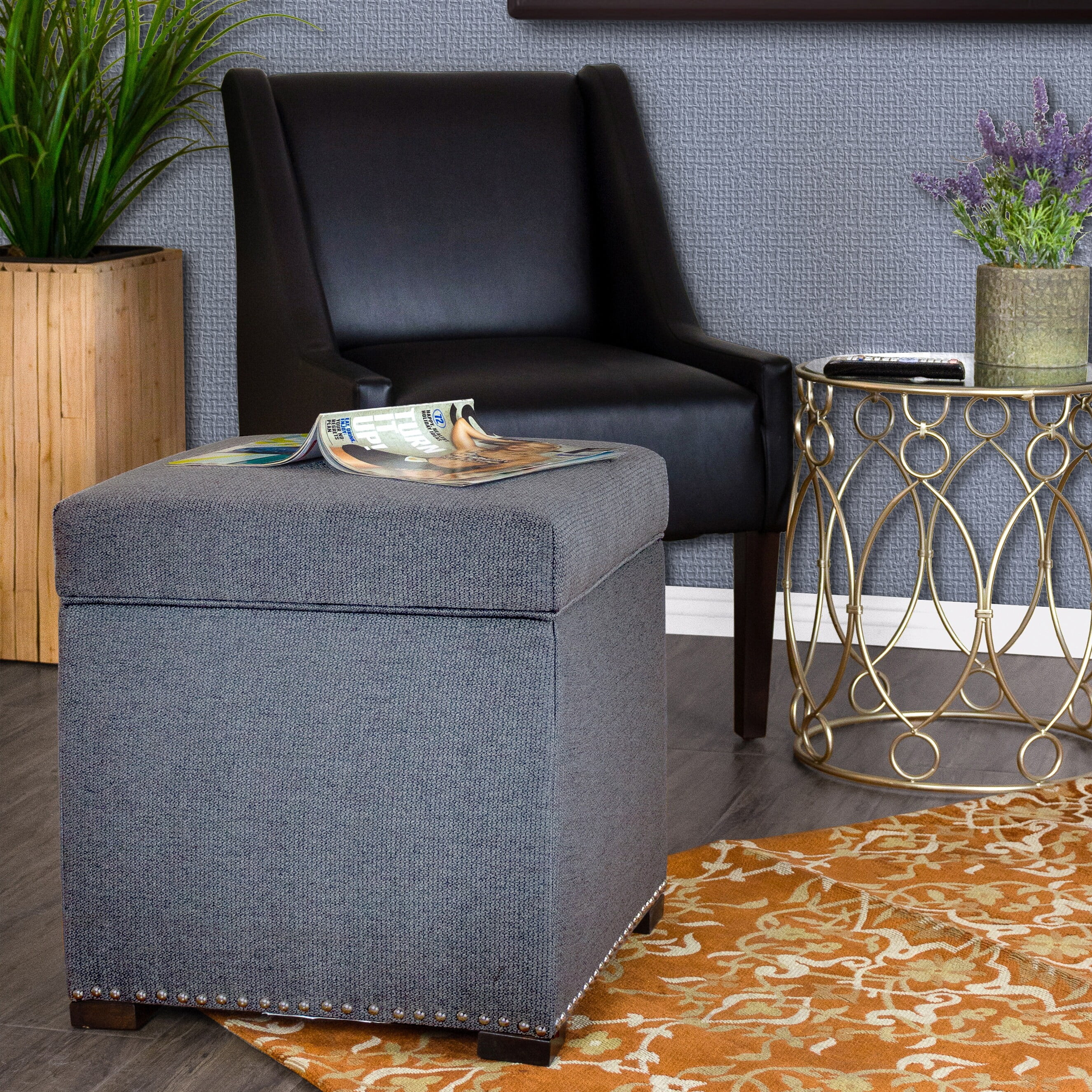 MJL Furniture Designs TAMI Corona Square Upholstered Nail Trimmed Storage Ottoman Platinum