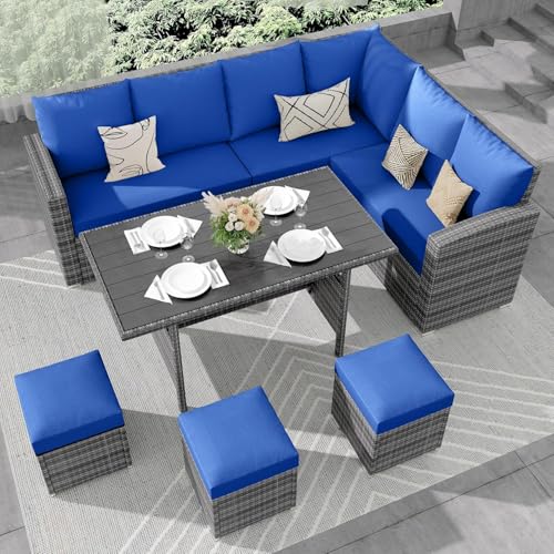 7 Piece Outdoor Patio Furniture Set with Plastic Wooden Table, Patio Rattan Conversationr Sofa Set, All Weather Sectional Rattan Sofa and Chairs, Garden, Porch, Poolside, Blue