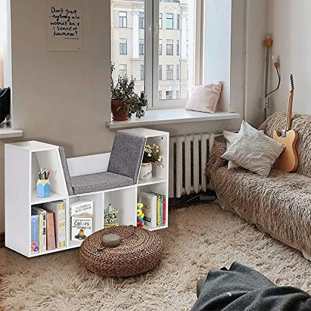 HJZBNONE 6-Cubby  Bookcase w/Cushioned Reading Nook  Multi Purpose  Organizer Cabinet  with Soft Cushion and Thick Wood Board for Children Girls & Boys Bedroom Decor Room (Modern Whit