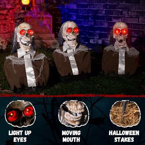 Halloween Animatronics Zombie Pathway Markers Decorations, Hanging Animated Floating Scary Skull with Stakes, Sound Activated, Talking, Light Up Eyes, Haunted Horror Prop for Indoor, Outdoor (3Pack)