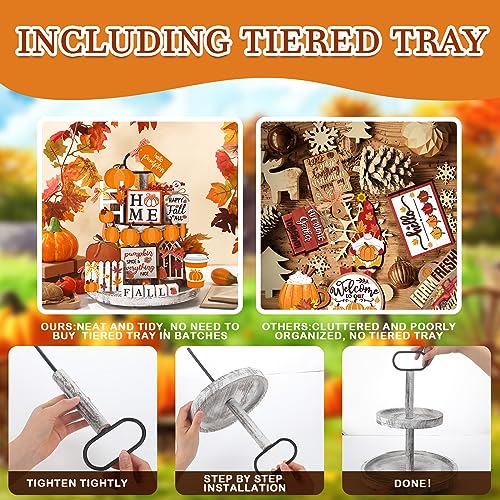 21 Fall Thanksgiving Tiered Tray Decor with Two Tiered Tray Fall Table Decor Maple Leaf Pumpkin Signs Thanksgiving Autumn Harvest Decorative Trays Wooden Tabletop Signs for Home Kitchen