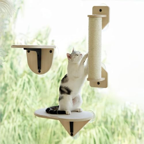 MEWOOFUN Window Perch Hammock with Climbing Steps and Scratching Post - Wooden Window Mounted Cat Bed (3 Pcs Cat Climber Set)