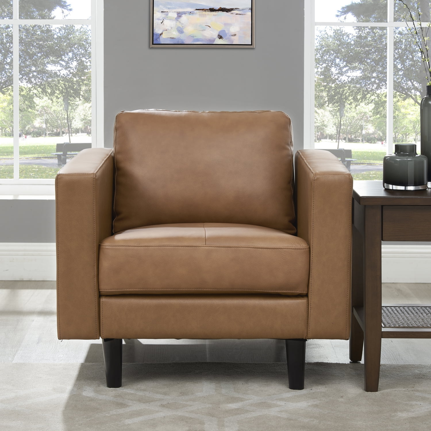 Naomi Home Marisa Top Grain Genuine Leather Mid-Century Sofa Set of 2-Color: Tan, Set: Chair/Sofa