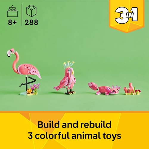 LEGO Creator 3 in 1 Wild Animals: Pink Flamingo Animal Building Toy - Includes 3 Building Options, Pink Flamingo, Cockatoo, or Axolotl - Learning Toy for Kids, Girls, and Boys, Ages 8+ - 31170