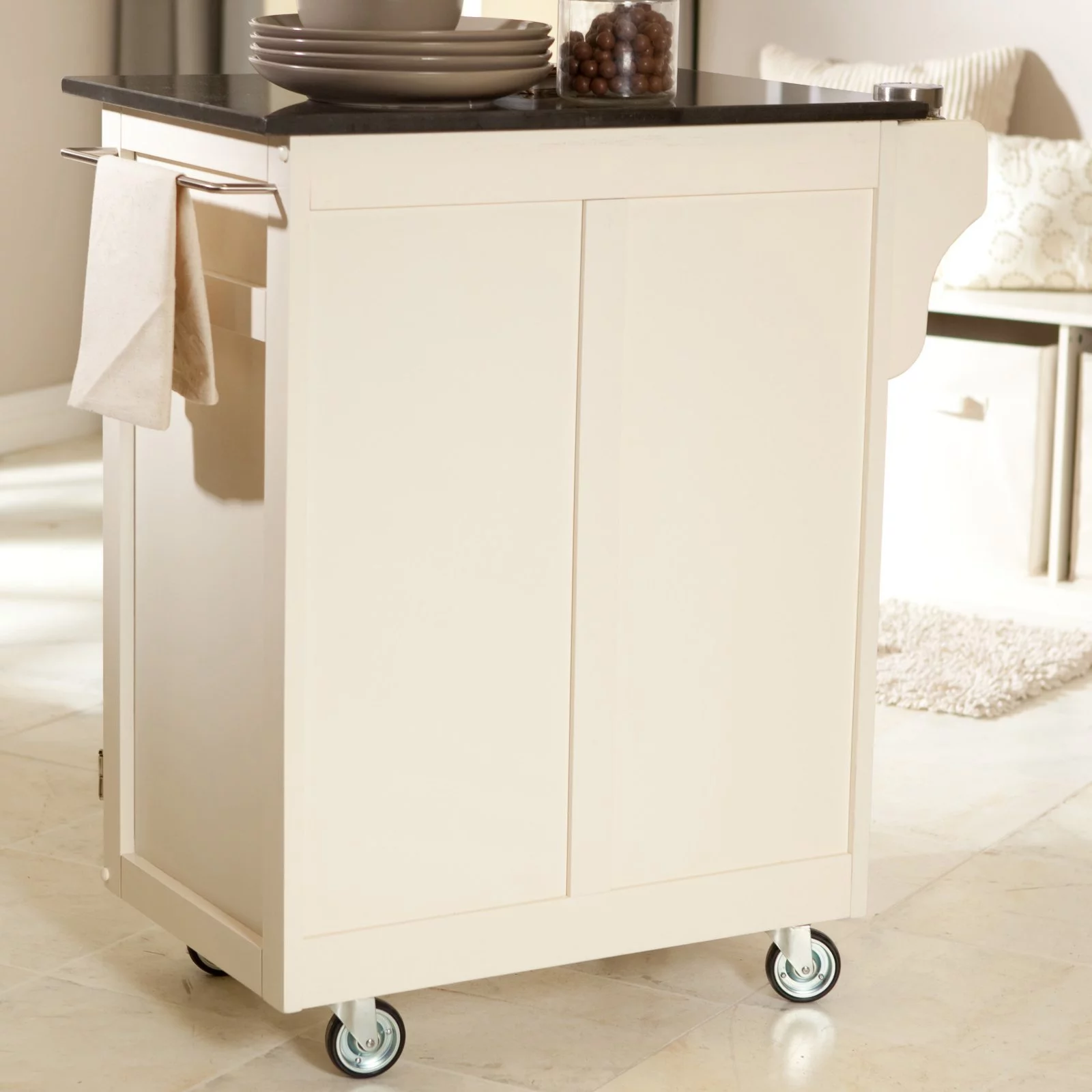 Homestyles Cuisine Cart Off White Wood Kitchen Cart-Finish:White,Option:Stainless Steel