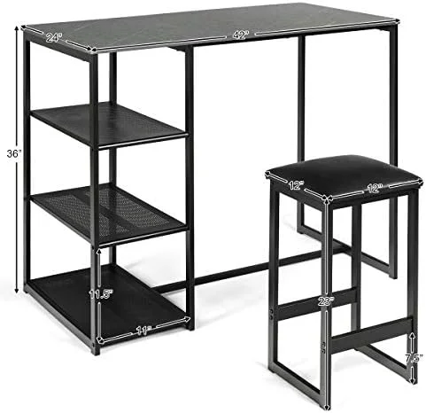 KHBIULIFE 3-Piece Dining Set  Compact 2 Chairs and Table Set  Kitchen Set with Rectangular Faux Marble  3 Metal  Shelves  Fashionable Simple Style  Kitchen Counter Height Table Set (Black