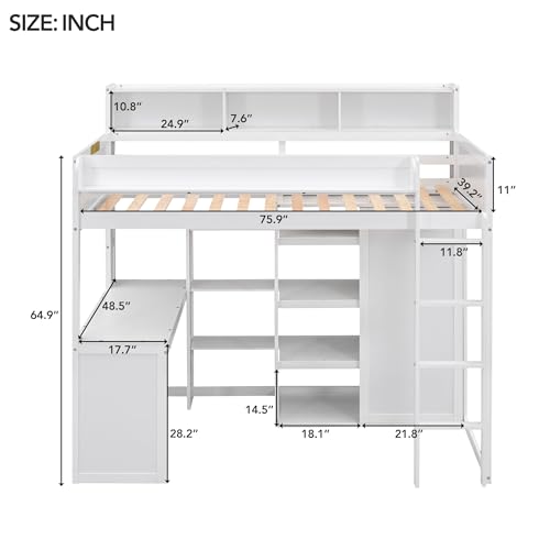 SOFTSEA Twin Size Loft Bed with Desk & Storage, Wood Loft Bed with Wardrobe and Storage Shelves, Space Saving Loft Bed Frame with Bookcase Headboard for Kids Teens Adults, Gray