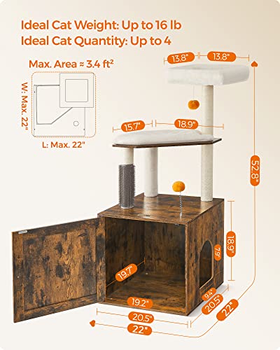 Feandrea Cat Tree with Litter Box Enclosure, 2-in-1 Modern Cat Tower, 52.8-Inch Cat Condo with Self Groomer, Scratching Posts, Washable Cushions, Greige UPCT115G01