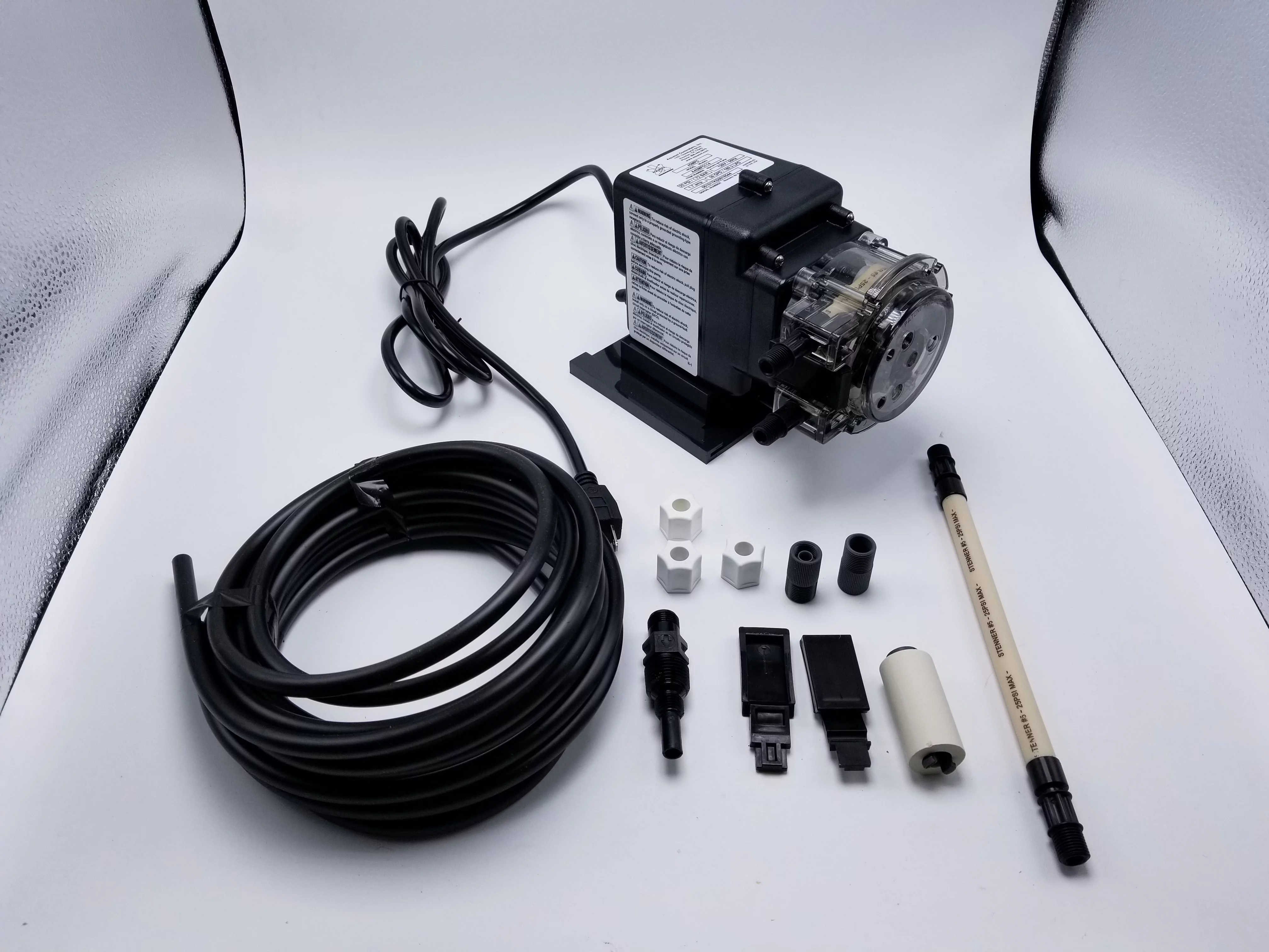 Stenner Pump 85mp5 - Stenner Peristaltic Pump Fixed Head - Rated at 85 gpd adjustable head. Rated at 25 psi. - Ideal Chlorine Injection Pump. 120 Volts, Model number 85MFL5A4S