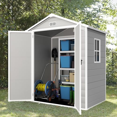 Outdoor Storage Shed 6x4.4FT, Resin Shed Plastic with Floor for Garden Tool,Waterproof Outdoor Resin Storage,Lockable Doors for Patio,Yard,Lawn (LightGray 6x4)