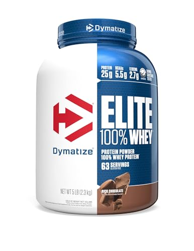 Dymatize Elite 100% Whey Protein Powder, Vanilla, 25g of Protein, 5.5g BCAAs, Less Than 140 Cal., Gluten Free, 2g Carb, 2g Sugar, 3g Fat (67 Servings)