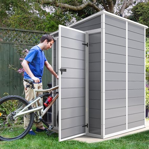 DWVO 5x3ft Resin Outdoor Storage Shed with Floor, Waterproof Lockable Storage Shed with Window, Plastic Outside Tool Storage for Garden, Backyard, Patio, Lawn, Gray