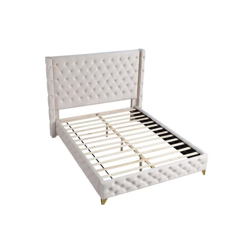 Contemporary King Platform Bed 1pc Cream Color Velvet Upholstered Button Tufted Modern Bedroom Furniture