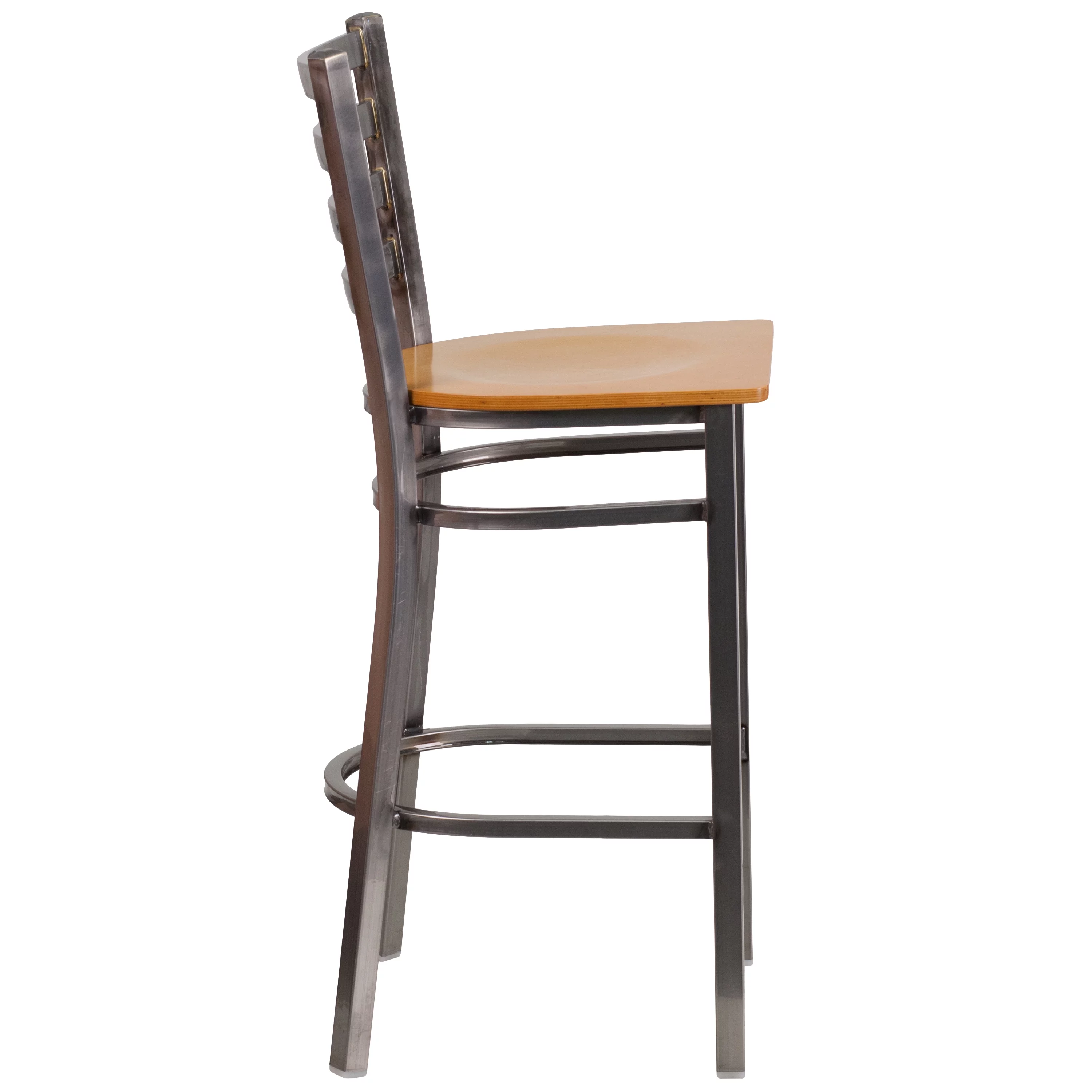 Emma + Oliver Clear Coated Metal Ladder Back Barstool, Natural Wood Seat
