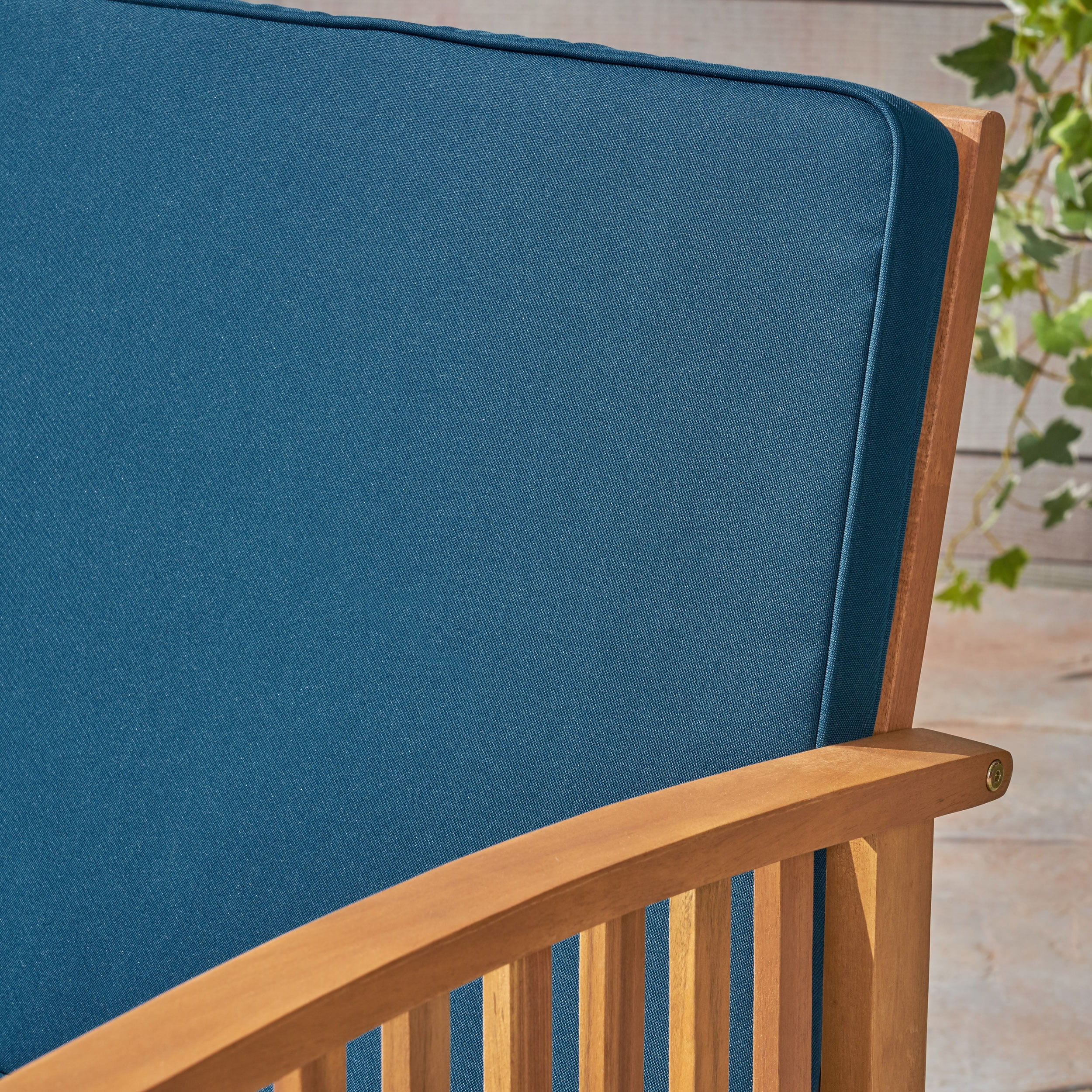 Brendon Outdoor Acacia Wood Loveseat with Cushion, Brown Patina, Dark Teal