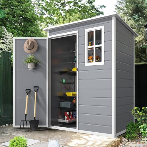 DWVO 5x3ft Resin Outdoor Storage Shed with Floor, Waterproof Lockable Storage Shed with Window, Plastic Outside Tool Storage for Garden, Backyard, Patio, Lawn, Gray