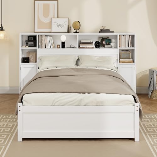 SOFTSEA Twin Size Captains Bed with 6 Storage Drawers and Bookcase Headboard, Wood Twin Storage Platform Bed with USB Ports, Built-in Shelves and Side Lockers for Kids Teens Adults, White