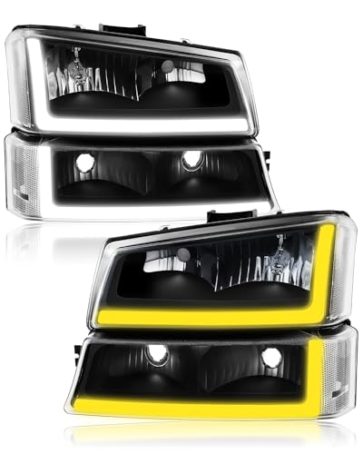 GORWARE Headlights for Silverado 2003 2004 2005 2006 2007, with LED DRL Tube + Sequential Switchback, Black Headlights Housing Assembly with Black Housing Clear Lens Clear Reflector