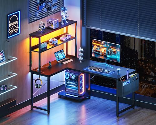 Casaottima Gaming Desk with Power Outlets & LED Lights, 43 Inch Reversible L Shaped Computer Desk with Shelves & Storage Bag, Corner Desk for Home Office, Black